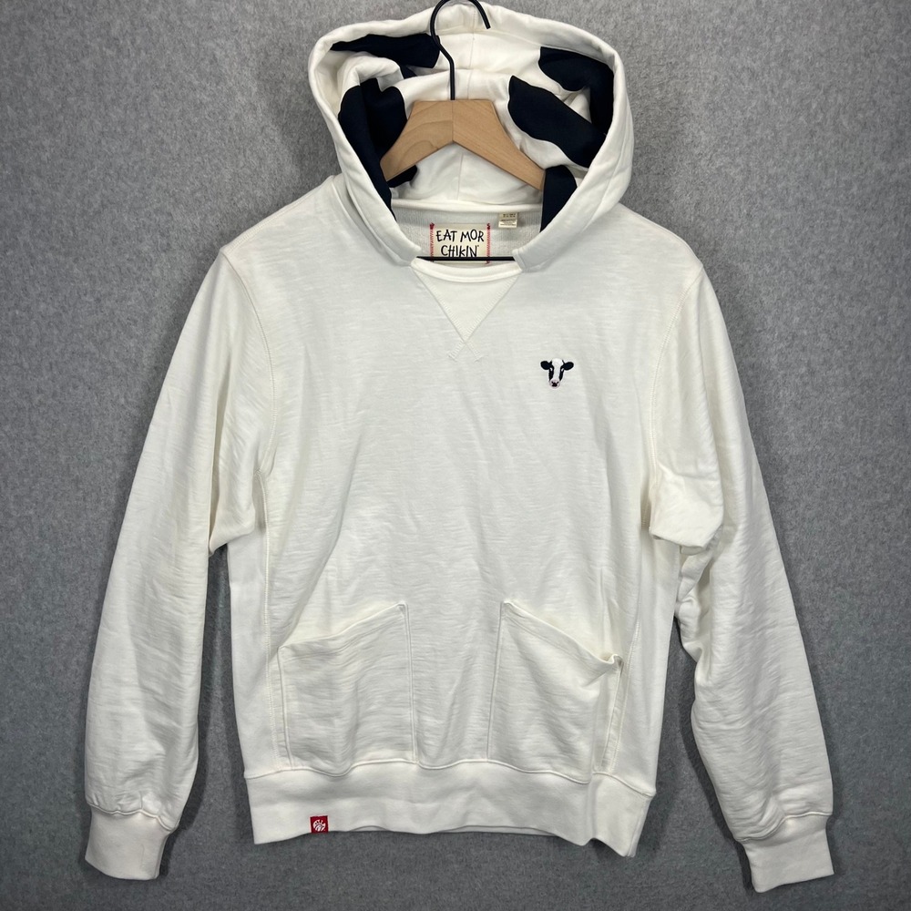 Chick-fil-A Eat Mor Chikin Hoodie Mens S White Cow Print Hooded Sweatshirt EUC
